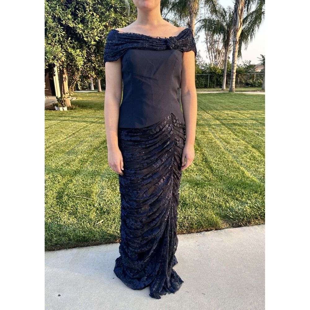 NWT $830 Daymor Couture [ 4 ] Off Shoulder Ruching Lace Gown Midnight Blue G1955